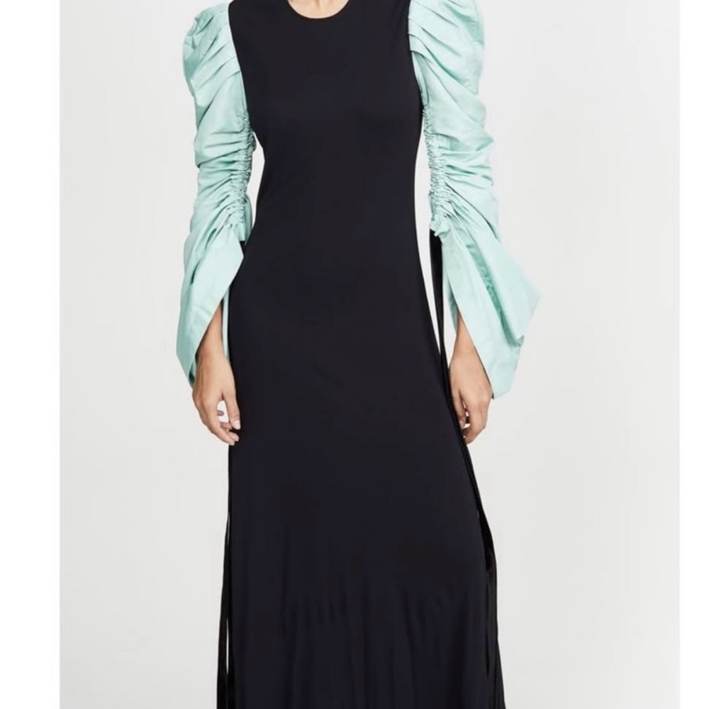 Tory Burch Black and Green Ruched Bishop Sleeve Sheath Dress